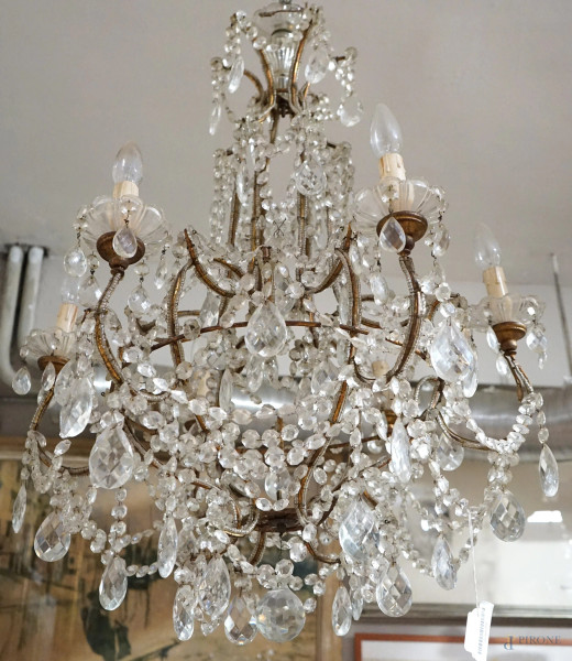 Lampadario Maria Antonietta a sei luci, in vetro e cristallo, cm h 90