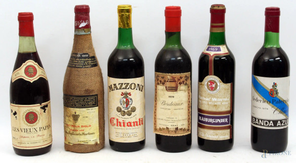 Lotto composto da sei bottiglie di vino diverse.