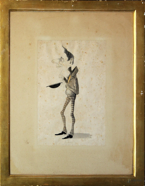 Figura satirica, disegno a tecnica mista su carta 38x60 cm, entro cornice.