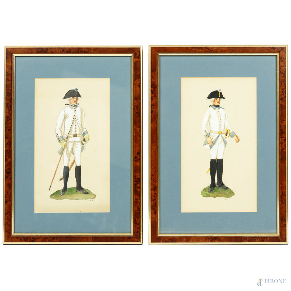 Due gouaches raffiguranti uniformi dell’esercito tedesco del XVIII secolo, primo quarto XX secolo, cm 24,5x14, entro cornice