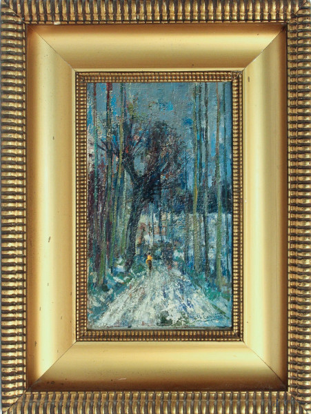 Sentiero con figura, dipinto ad olio su cartone telato, firmato, cm 28 x 18, entro cornice.