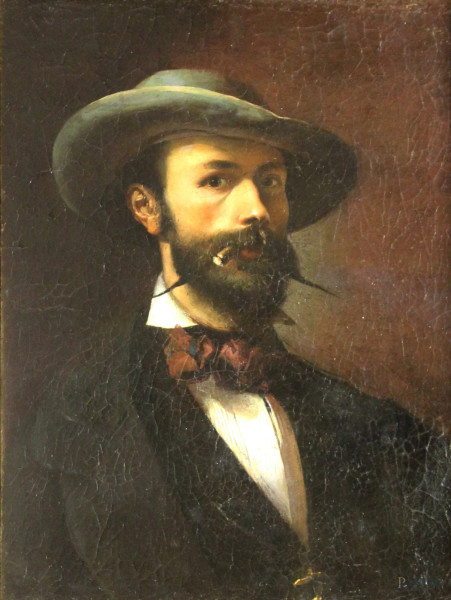 Pittore del XIX secolo, Ritratto d&#39;uomo con cappello, olio su tela cm 65x53, entro cornice.