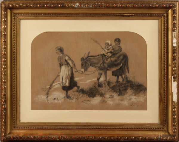 Filippo Palizzi - (attribuito a), contadina con asinello e bambini, tecnica mista su carta, cm. 33x48, entro cornice.