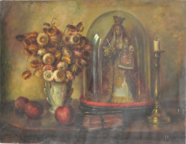 Natura morta con vaso di fiori e statua in bacheca, dipinto dell&#39;800 ad olio su tela 60x80 cm, firmato.