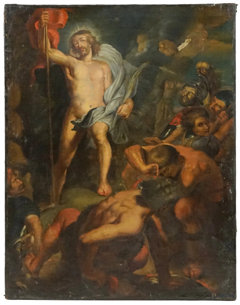 Seguace di Pietro Paolo Rubens (1577-1640), Resurrezione di Cristo, olio su tela, cm 89x69, (difetti,cadute di colore)
