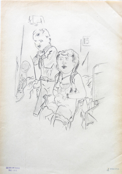 Disegno a tecnica mista su carta misure, cm 29 x 21, firmato , provenienza Galerie Rive Gauche Paris- Rome