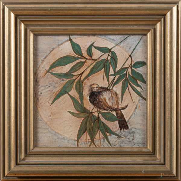 Ramo con volatile, XX secolo, dipinto su maiolica, cm 33,5x33,5, firmato in basso a destra, entro cornice