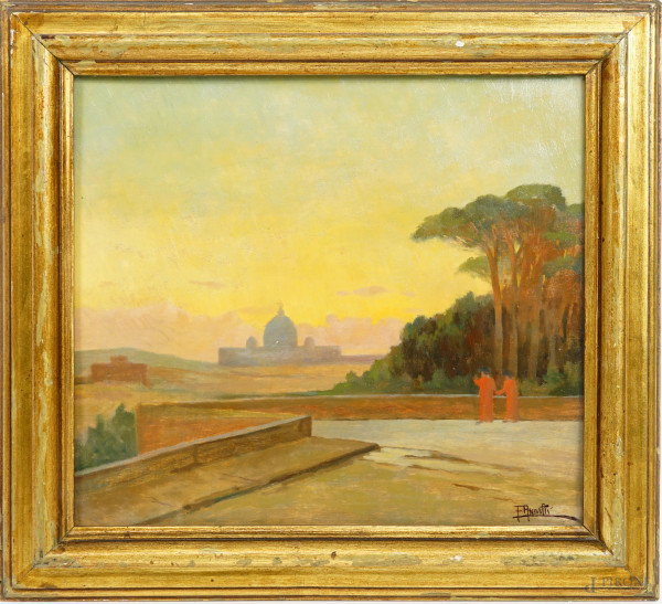 Veduta di San Pietro dal Pincio, olio su compensato, firmato, cm 33x37, entro cornice