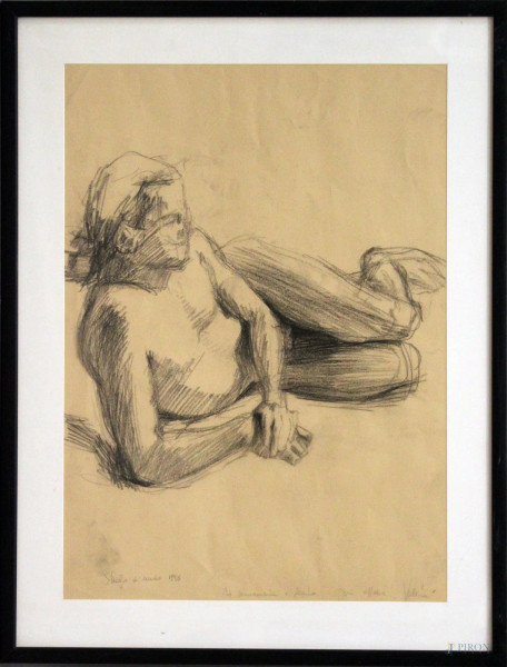 Studio di nudo, disegno a matita grassa firmato e datato, cm 46 x 34, entro cornice.