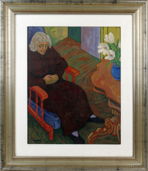 Carlo Scarpari - Donna anziana seduta, olio su compensato,cm 50x40,  entro cornice.