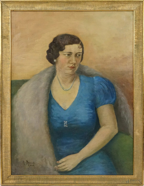 Ritratto di donna, olio su tela, cm 88x65, firmato A.Bocchi, entro cornice.