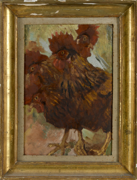 Galli, olio su cartone, inizi del XX secolo, cm 37,5x25 entro cornice