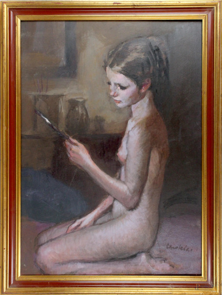 Adolescenza, olio su tavola, cm. 50x70, firmato Nino Caroselli, entro cornice.