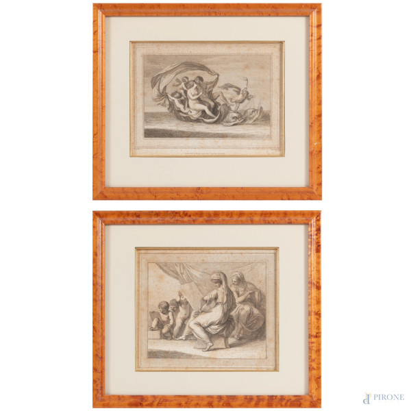Lotto di due incisioni da G.B. Cipriani, XIX secolo, cm 32,5x39 compreso passepartout, entro cornice (foxing, tracce di umidità, difetti, segni di piegature, ondulazioni)