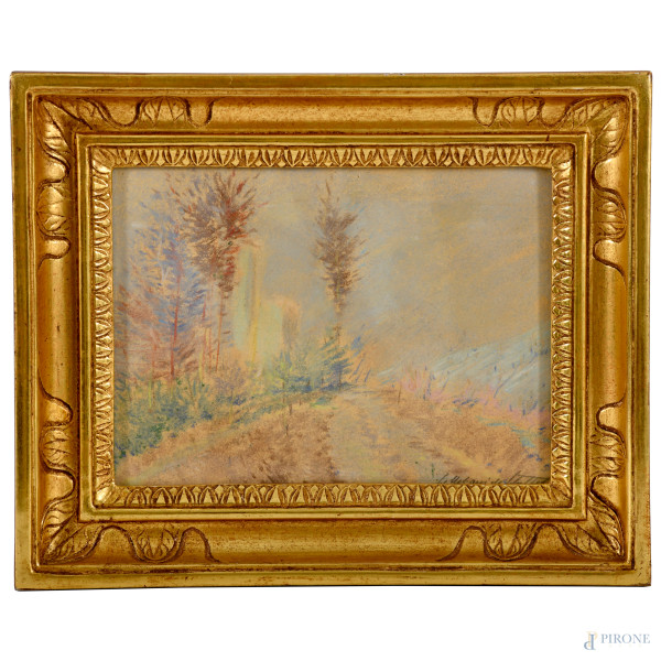 Paesaggio, pastello su carta, XX secolo, cm 13,5x18,5 entro cornice