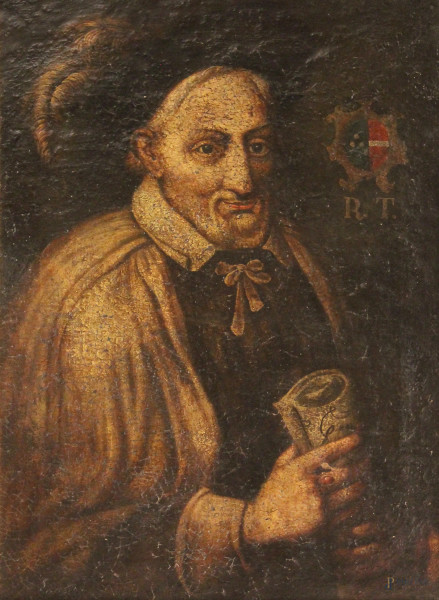 Ritratto di nobile con stemma gentilizio, olio su tela, cm 52x72, entro cornice del XVII sec.