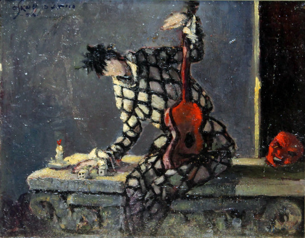 Oscar D'Amico, Arlecchino con chitarra, olio su tela, cm 40x50, entro cornice.