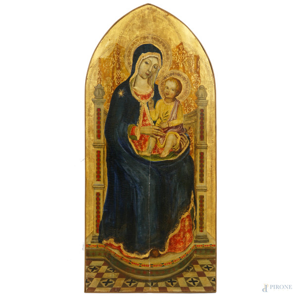 Anonimo senese del XIX-XX secolo, Madonna con il Bambino in trono, olio su tavola, cm 118,5x53,5