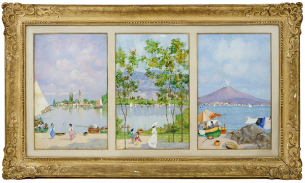 Scorci di paesaggi italiani, tre dipinti ad olio su masonite, cadauno cm 54,5x34,5  firmati Luigi Cagliani, entro un'unica cornice.