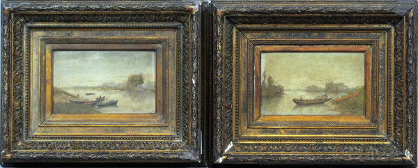 Coppia di paesaggi con imbarcazioni, olio su tela, cm 18x28, XIX secolo, entro cornici, (difetti)