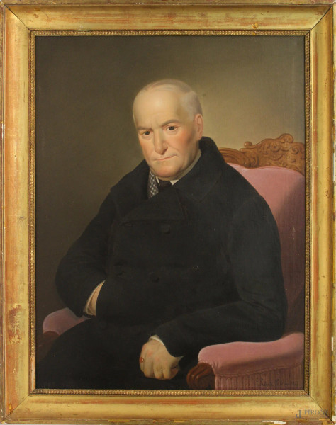 Ritratto d&#39;uomo, olio su tela, cm 78x63, firmato e datato Petania 1847, entro cornice.