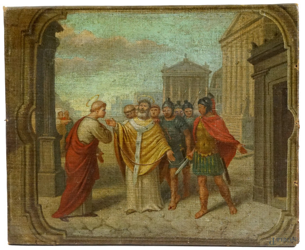 Scena con santi e soldati romani, olio su tela, XIX secolo, cm 25,5x31 (difetti)