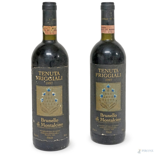 Lotto di due bottiglie Tenuta di Friggiali, Brunello di Montalcino, annata 1997, 75 cl, (difetti)