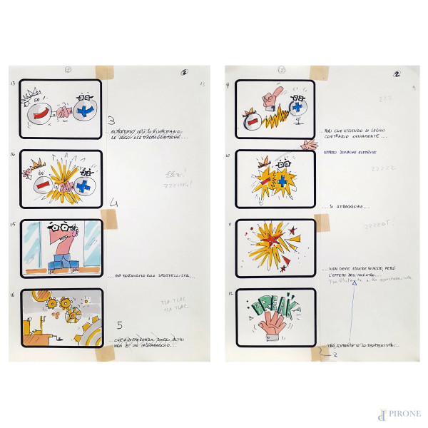 Bruno Bozzetto (1938)  Lotto composto da due Storyboard realizzati a pennarello su carta, ciascuno cm 30x20. Opere facenti parte di uno dei tre cortometraggi realizzati nel 1988 per una campagna pubblicitaria dell’Enel ed è pubblicata sulla brochure “Il r