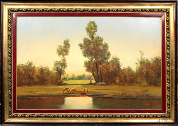 Paesaggio fluviale con pastorella, olio su tavola, cm. 70x100, firmato G. Moretto, entro cornice.