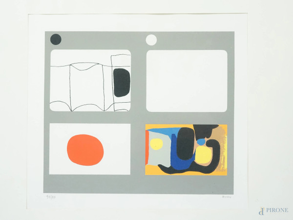 Alberto  Burri - Lettere tavola F, 1969, serigrafia a colori, es. 90/90, cm 35x50, entro cornice