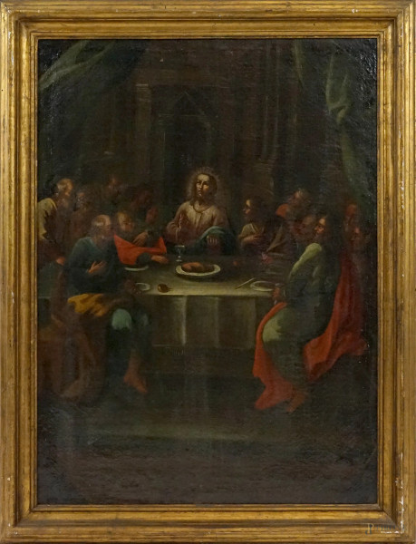 Pittore del XVIII secolo, Ultima Cena, olio su tela, cm 104x77, entro cornice, (cadute di colore)