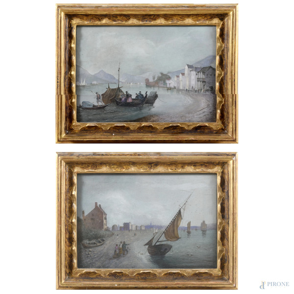 Coppia di dipinti a tecnica mista su tela raffiguranti paesaggi nordici, XX secolo, cm 23x32,5, entro cornice, (segni di usura)