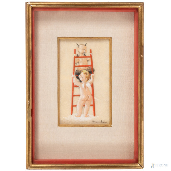 Diavoletto e puttino, XX secolo, tecnica mista su carta, cm 10x5,5, firmato in basso a destra, entro cornice