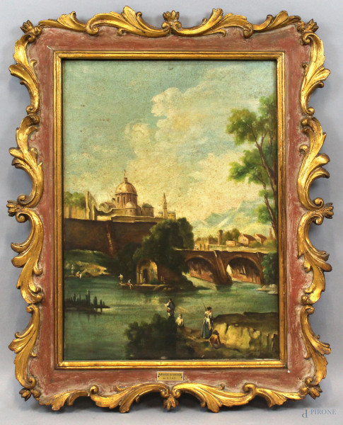 Paesaggio fluviale con architetture e figure, olio su tela, cm 70x50, inizi XX secolo, entro cornice