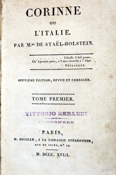 Madame de Staël-Holstein, Corinne, ou L'Italie, tre tomi, H. Nicolle, Parigi, 1818, (difetti)