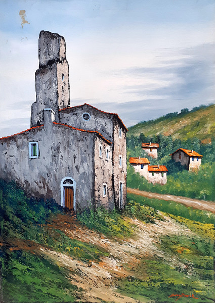 Chiesetta d’Abruzzo, olio su tela, cm 70x50, firmato, reca al retro certificazione di autenticità e di provenienza e dichiarazione di autenticità dell’Artista