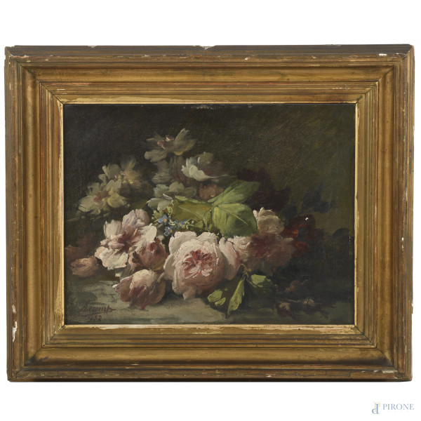 Natura morta di fiori, XIX-XX secolo, olio su tavoletta, cm 27x35, firmato e datato in basso a sinistra, entro cornice