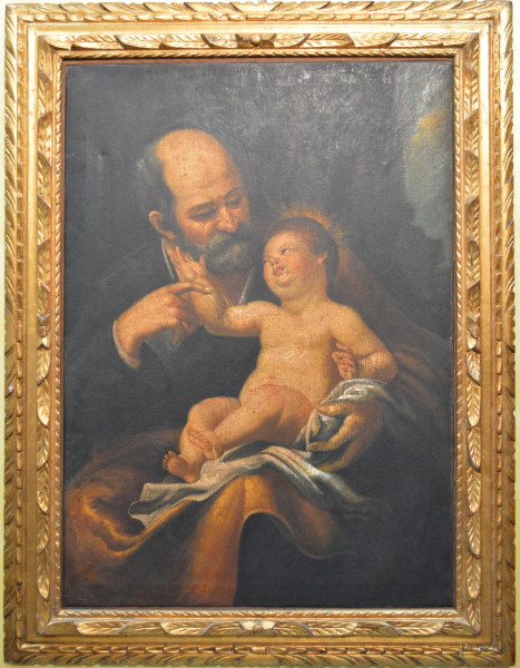 San Giuseppe con Bambino, antico dipinto ad olio su tela 69x100 cm, entro cornice.