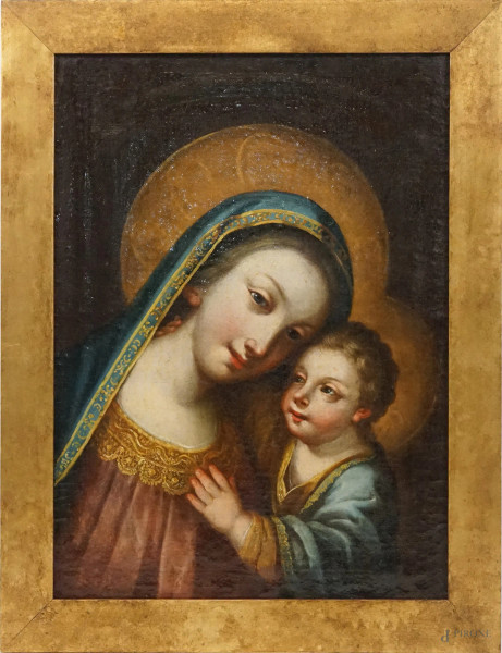 Pittore del XVII secolo, Madonna col Bambino, olio su tela applicata su compensato, cm 48x35, entro cornice