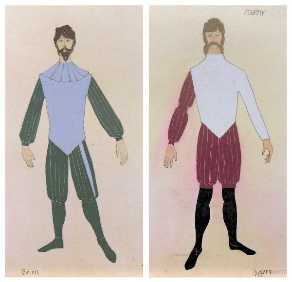 Artista russo del ‘900, Costumi per Amleto di Shakespeare, coppia di costumi teatrali a tecnica mista su carta, ciascuno cm 15x27