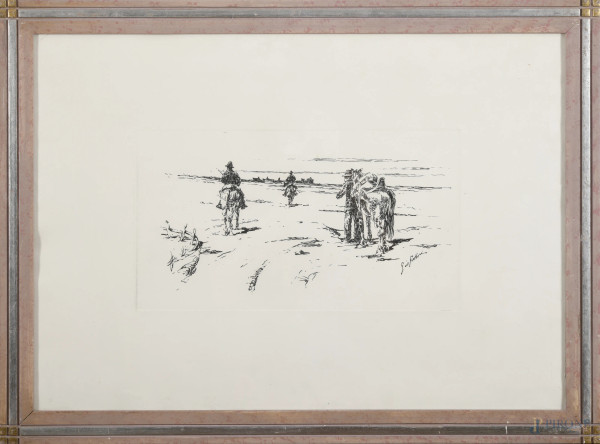 Butteri e cavalli, incisione su carta, cm 50x69, entro cornice, (lievi segni di usura e increspature della carta)
