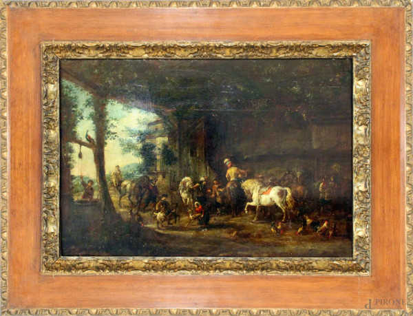 Scuola fiamminga del XVIII sec., Interno di stalla con cavalli e figure, olio su tavola, cm 36,5x53, entro cornice.