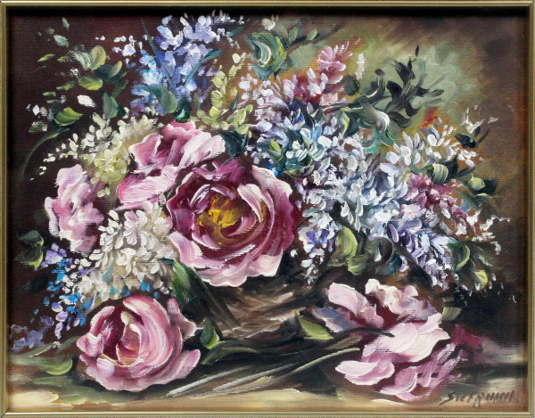 Lotto composto da due dipinti raffiguranti vaso con fiori, olio su tela, misure max. 38x31 cm, entro cornici.