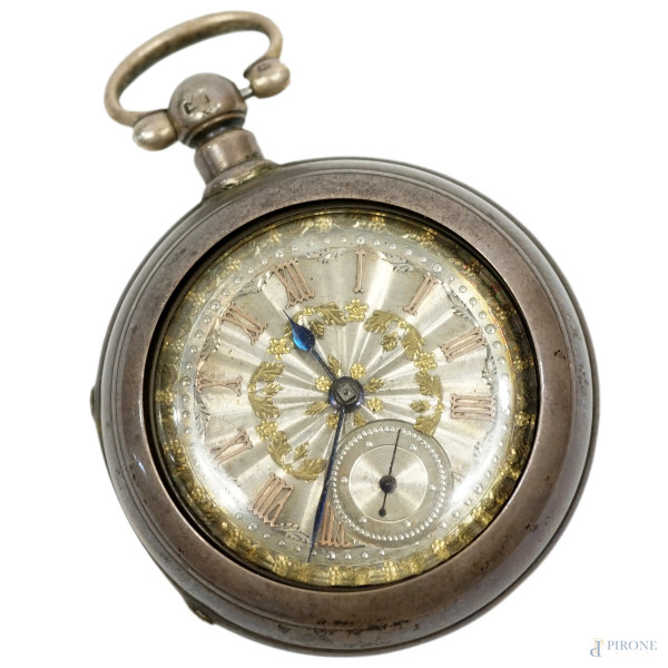 Orologio da taschino in argento, Chester, Samuel Yeomons, 1906-1907, quadrante circolare diametro cm 5,5  (difetti e meccanismo da revisionare)