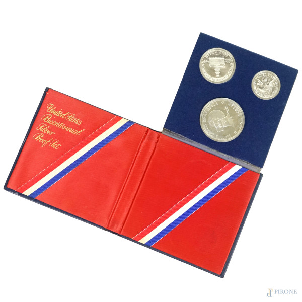 United State Bicentennial, Silver Proof Set, 1776-1976,  tre monete in argento, entro astuccio originale