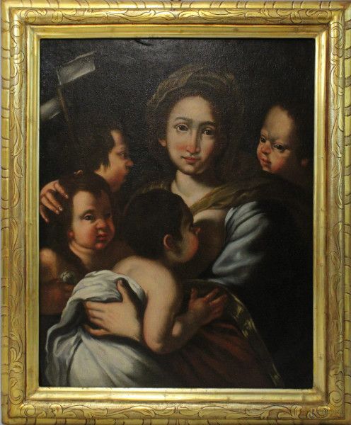 Scuola Italiana del XVII secolo, Carit&#224; cristiana, olio su tela, cm. 72,5x57, cornice XIX secolo in legno dorato.