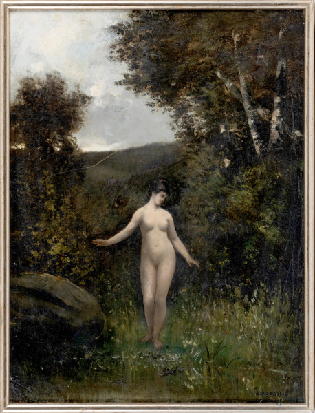 Ninfa del bosco, XX secolo, olio su tela, cm 60x45, firmato in basso a destra, entro cornice, (sollevamenti di colore e piccola lacerazione della tela)