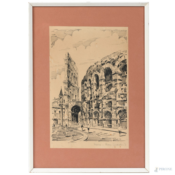 Basso Ragni (1921-1979),Verona-Arena (particolare), china su carta, cm 49x34 compreso passepartout, firmato in basso a sinistra, entro cornice, (foxing, tracce di umidità)