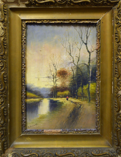 Paesaggio fluviale con figura, olio su tavola 16x25 cm, XIX sec°, entro cornice.