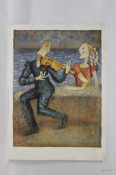 Enrico Benaglia - Figura con violino, litografia, cm 50 x 70.